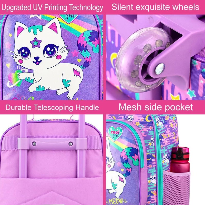 FTJCF Store 2Pcs Kids Suitcase for Girls, 18" Cat Carry on Luggage Set with Wheels, Cute Travel Rolling with 12" Toddler Backpack(Purple) - Image 5